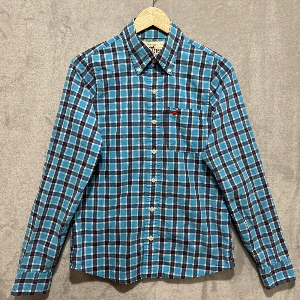 Hollister Shirt Men's M Blue Teal‎ Plaid Long Sleeve Button Down Pocket Logo